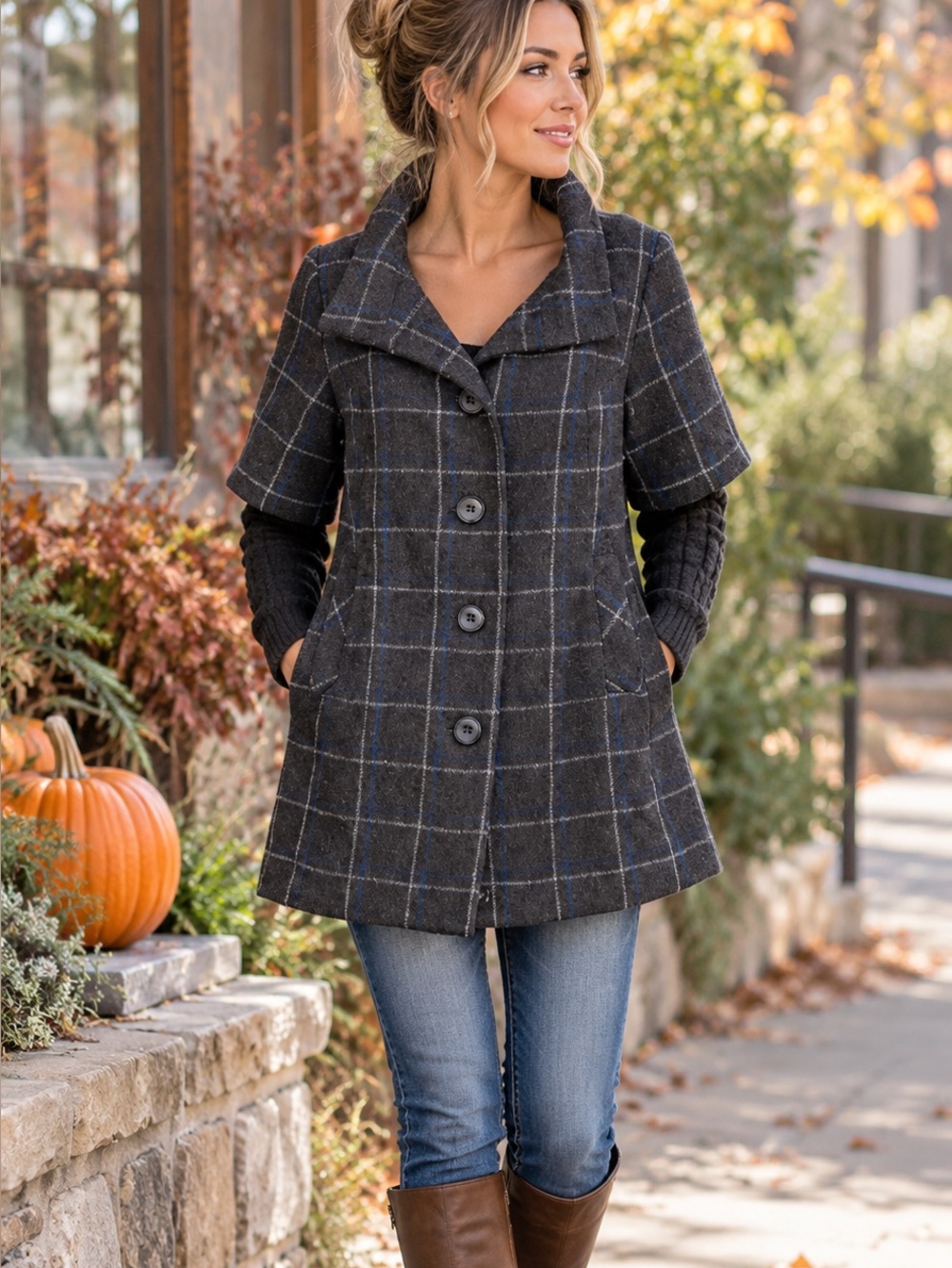 Anthropologie Idra Brown Plaid Wool Cable Knit Sleeve Coat Jacket